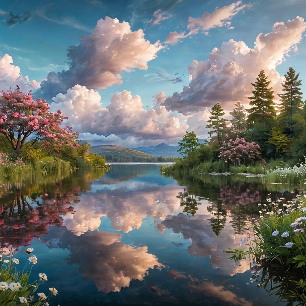 A serene landscape featuring a reflective lake surrounded by soft, blooming flowers representing love and emotional growth. In the foreground, an introspective INFP character is depicted, gazing at the water, symbolizing deep thoughts and connections. Dreamy clouds drift above, hinting at the complexities of emotions, while a gentle light filters through, creating a warm, inviting atmosphere. pastel colors. dreamy. soft focus.
