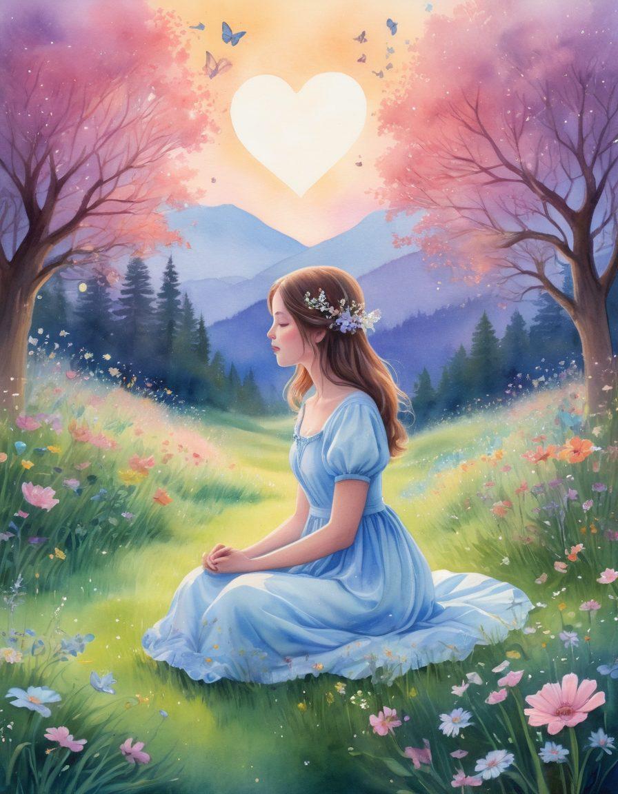 A serene, whimsical scene depicting an INFP character sitting in a lush meadow, surrounded by blooming flowers and gentle butterflies. The character is lost in thought, with a glowing heart symbol above their head, signifying self-discovery. In the background, two silhouettes are approaching, representing soulmates coming together. Soft pastel colors create an ethereal atmosphere, with twinkling stars beginning to appear as dusk falls. watercolor painting. vibrant colors.