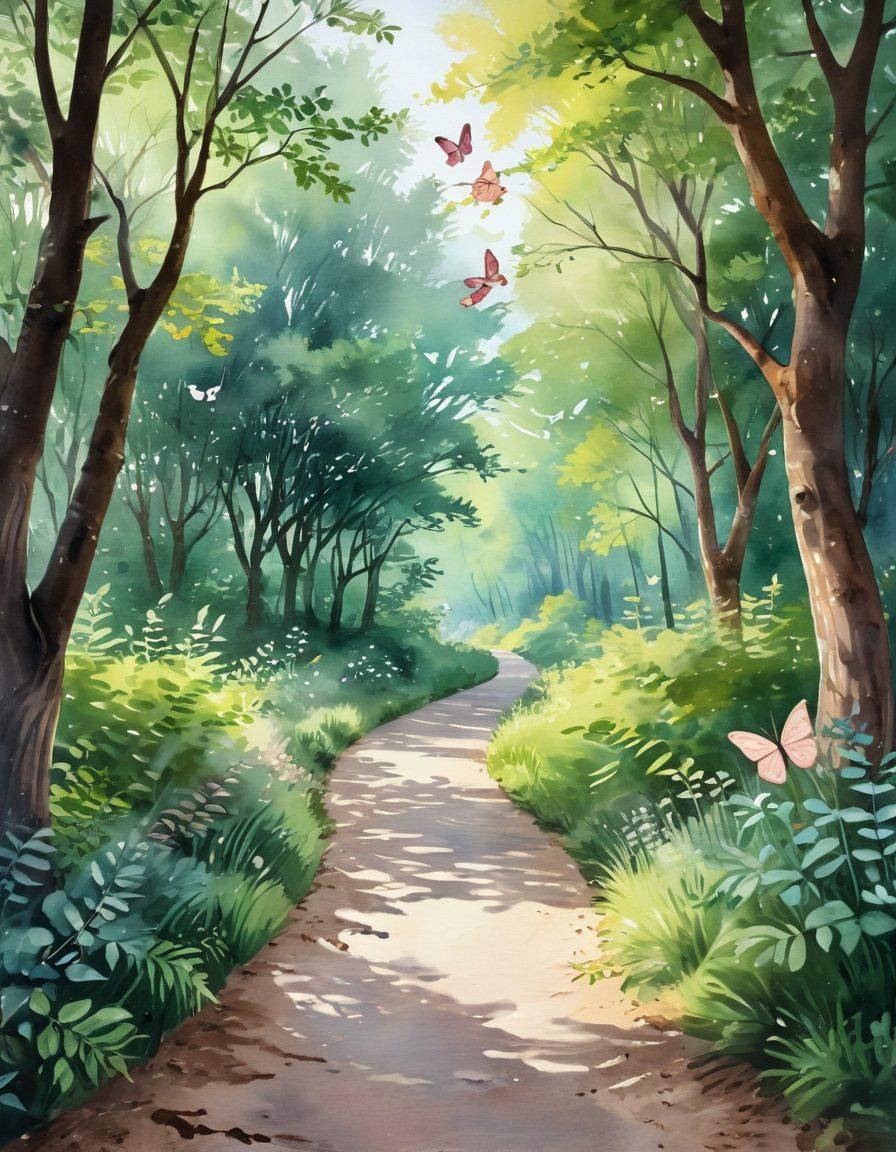 A serene landscape featuring a winding path surrounded by lush trees and soft sunlight filtering through the leaves, symbolizing emotional growth. At the forefront, an INFP character sketch with a gentle expression, engaged in deep self-reflection, perhaps writing in a journal. Ethereal butterflies fluttering around to represent connections and personal insights. Soft pastel colors to evoke a sense of calm and warmth. watercolor painting.